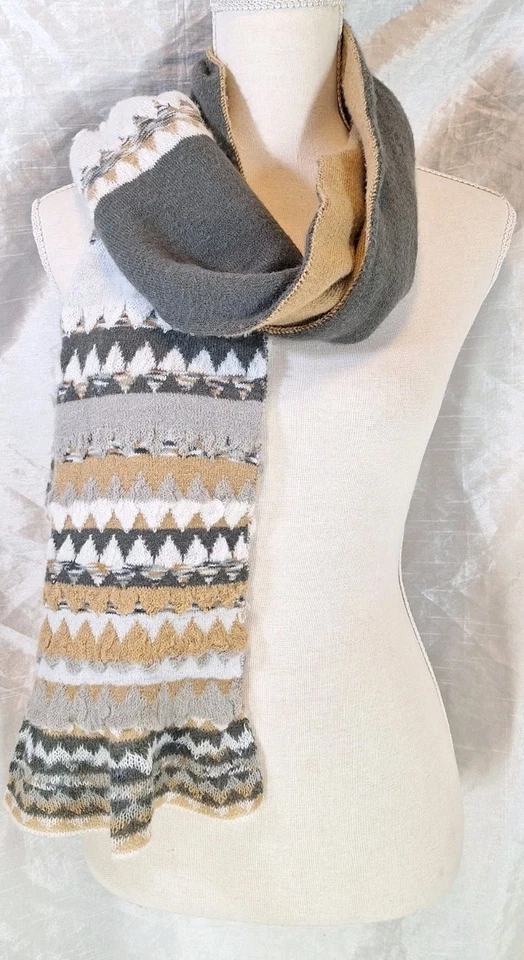 De Colección Reversible Crochet/Tejido Bufanda Chevron Geométrica Boho Tono Neutro Unisex 64" Foto 3 de 4