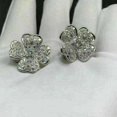 1.30Ct Round-Cut Real Moissanite Flower Stud Earrings 14K White Gold Plated