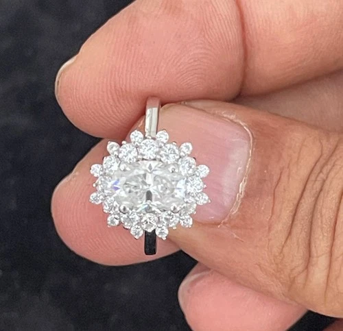 White D VVS1-Oval & Round Moissanite Diamond Vintage Halo 925 Silver Ring Size 7