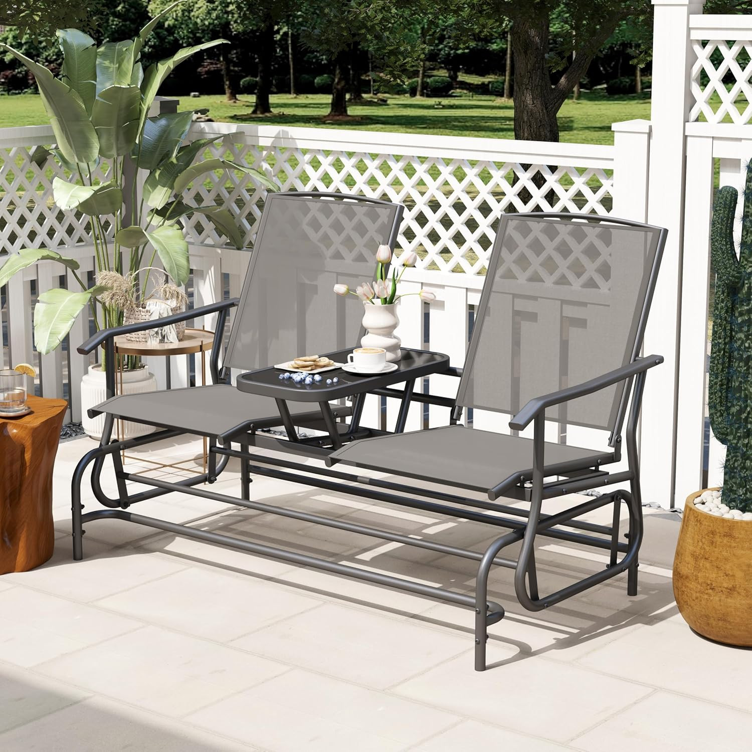 2 Person Swing Glider Chair, Patio Rocking Loveseat W/Center Tempered Glass Tabl