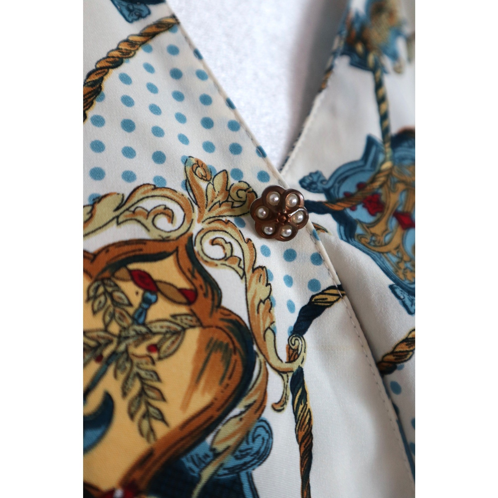 Vintage 80s SILK Skirt Suit Nautical Polka Dot Pearl Buttons small