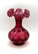 Vintage Fenton Rich Cranberry Coin Dot Pattern Ruffled Vase 8.5” Tall