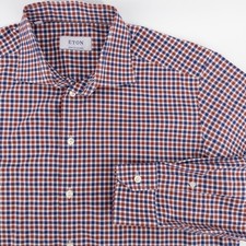 Eton Made-to-Measure Mens Large Dress Shirt Red Blue Gingham Check Cotton Luxury