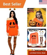 Women's Halloween 3PC Costume: Off-Shoulder Dress, Tights  Pumpkin Headband