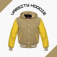 Men Varsity Baseball Wool Varsity Hoodie Jacket Cowhide Leather Sleeves