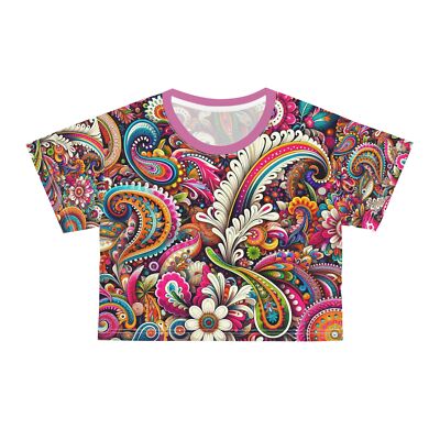 Vibrant Psychedelic Paisley Crop Tee Whimsical AOP 70s Style