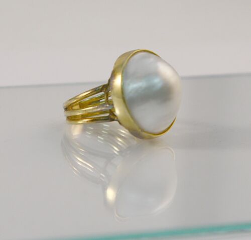 Superbe bague perle Jumbo Mabe or jaune massif 14K 22 mm taille 7,5 - Photo 1/6