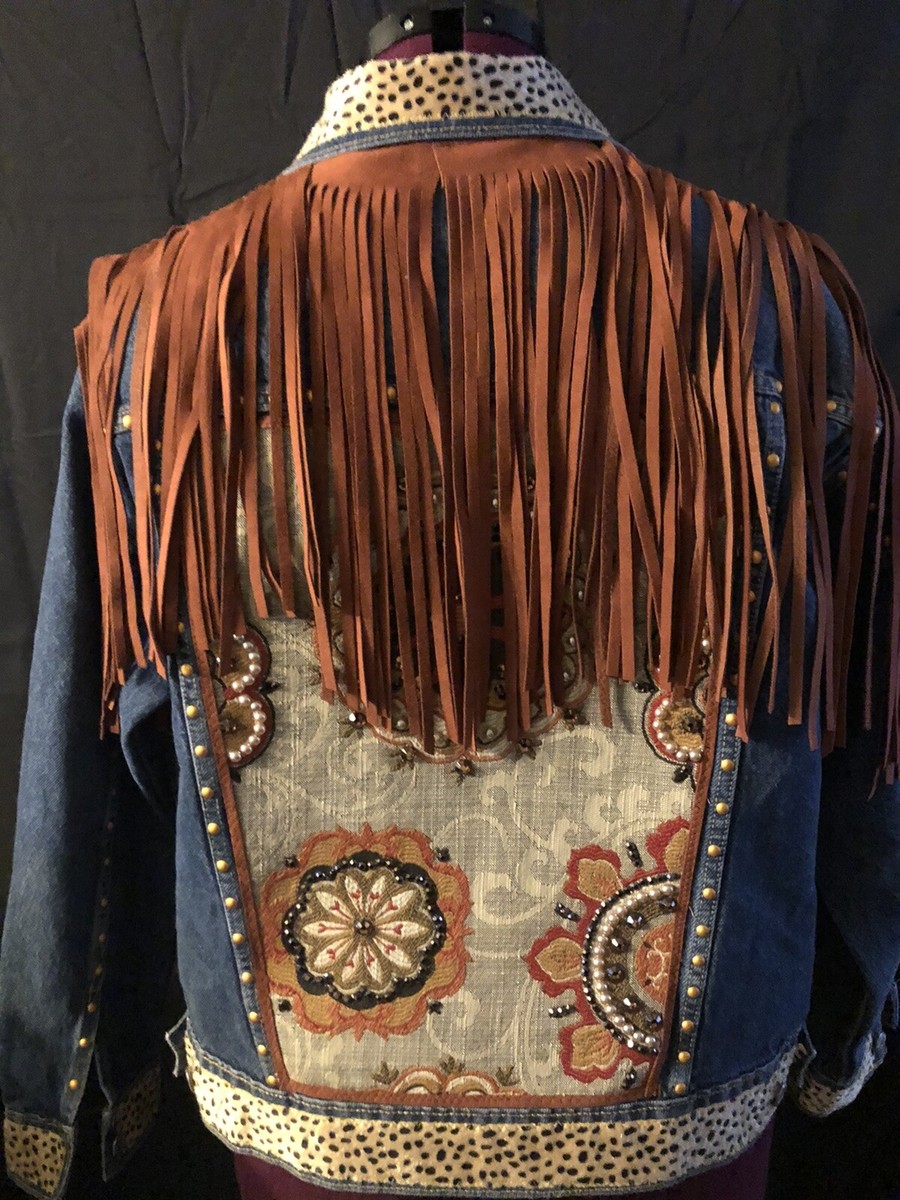 Vintage Western Fringe Leather Jacket Coat Denim Cowgirl Vintage Western Fringe Leather Jacket Coat Denim Cowgirl