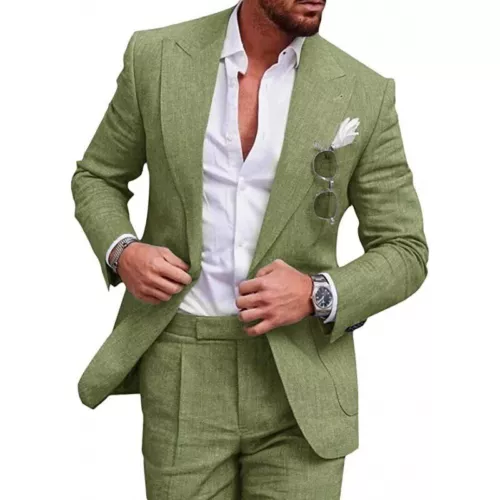 Men 2 Piece Linen Suit Wedding Tuxedos Suit Groomsmen Blazer+Pants Outfit - Picture 7 of 25