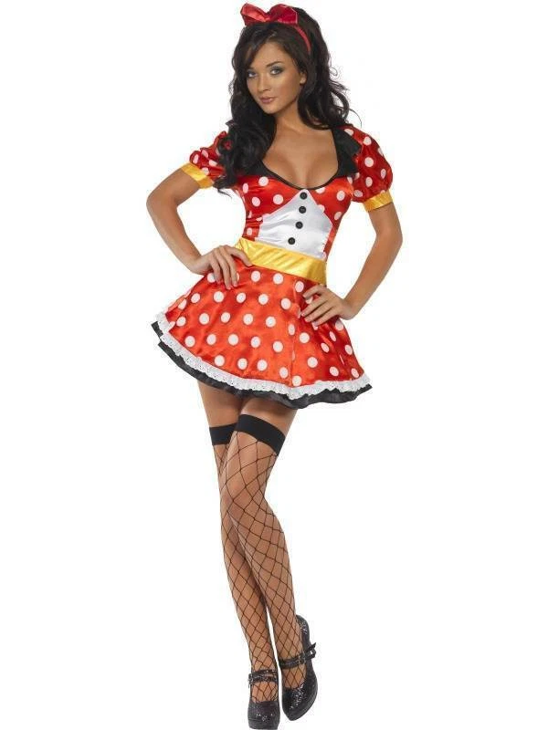 Ladies Fever Miss Mouse Costume Womens Mouse Fancy Dress Polka Dot Dress Bow
