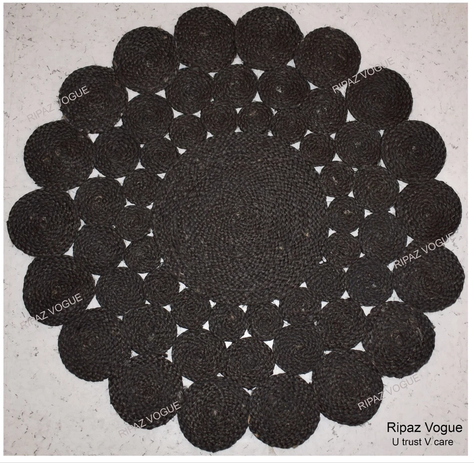 Black Dye Round Jute Rug Circle Design Area Rug Farmhouse Jute Carpet - Image 2 of 4