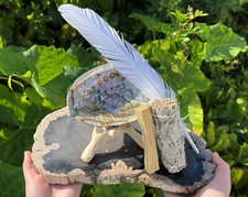 Smudge Kit: Abalone Shell, White Sage Smudge, Feather, Palo Santo Wood  Stand