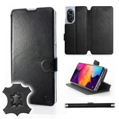 Mobiwear Hülle für Huawei Honor Handys | Black Echt Leder Leather Case Cover
