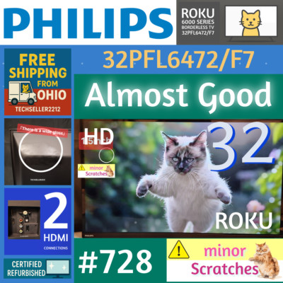 Philips 32'' HD(720P Smart Roku Borderless LED TV 32PFL6472/F7) with Remote/Stand