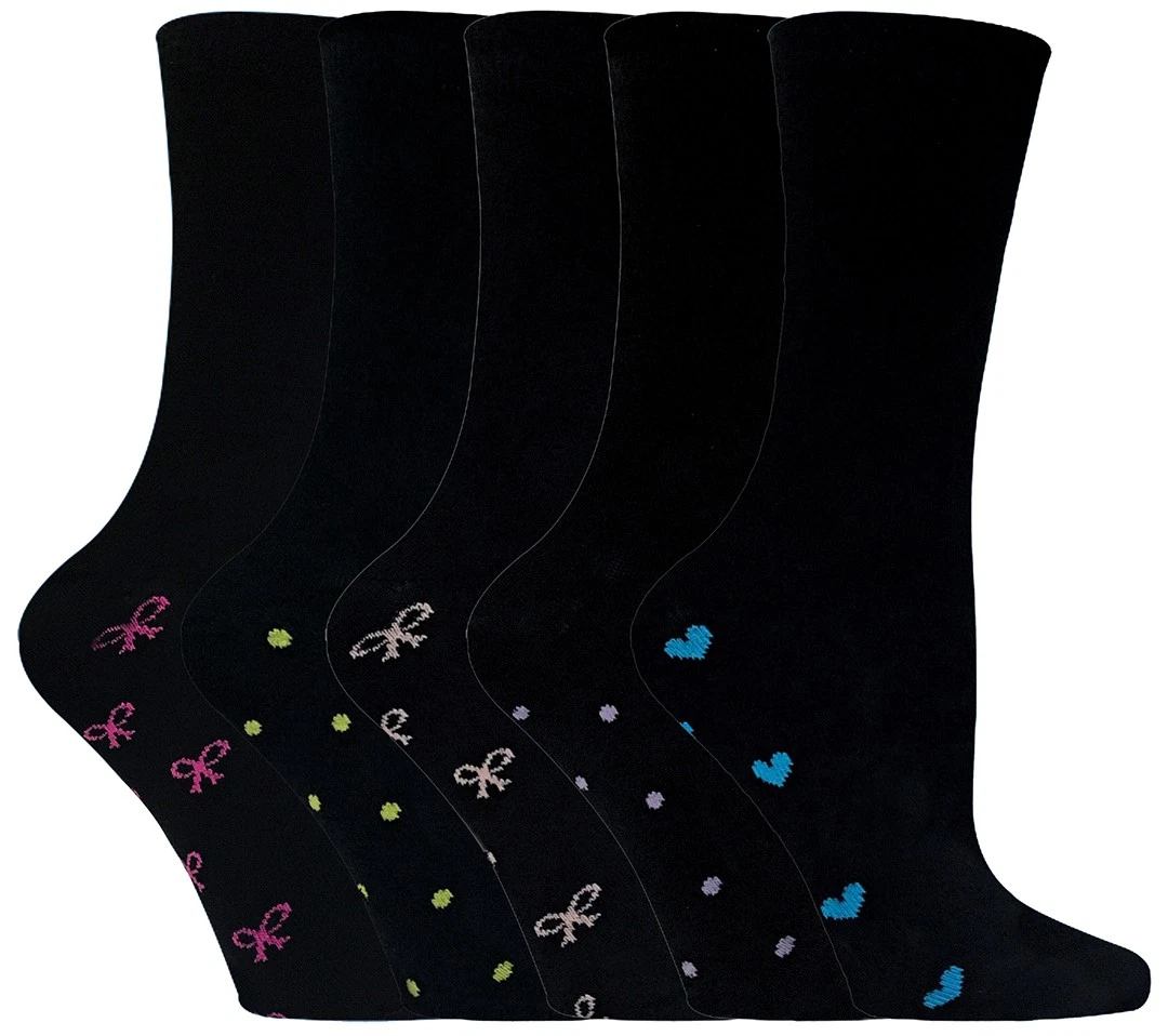 5 Pack Ladies Patterned Sole Cotton Rich Socks with Heart & Bow