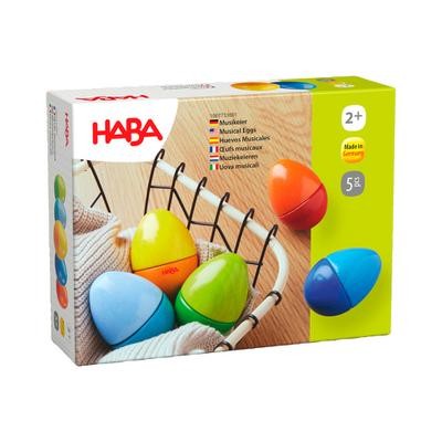HABA 7733 - Musikeier, 5 farbenfrohe Rasseleier, aus Holz, zur Förderung de