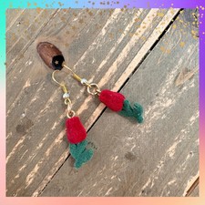 Red Rose Charm Wire Earrings Flocked Floral Dangle Earrings in Gold