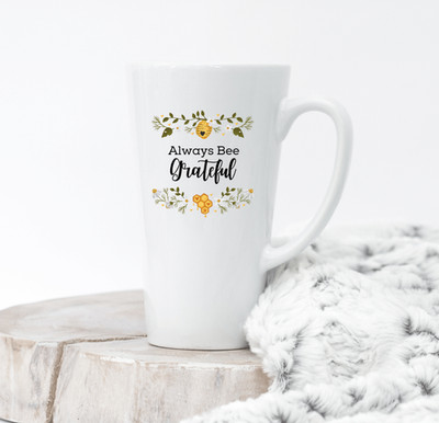 Always Bee Grateful Latte Mug 17 Oz Ceramic, Cute Bee Coffee Cup by Mugzan