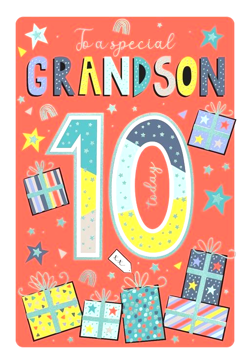 Birthday Card GRANDSON 10th 10. **Foil embossed 9"" Card, Paper pages inside**