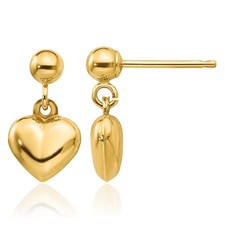 14K Solid Yellow Gold Heart Dangle Earrings