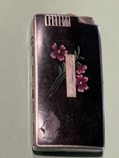 Vintage Ronson Enamel Floral Cigarette Lighter Compact Black & Purple Enamel