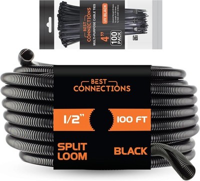 100 ft Split Wire Loom Flex-Guard Convoluted Tubing with Installation Tool