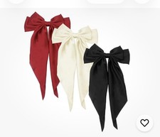 Red White Black Satin Bow Hair Clip Set for Girls, Solid, Colorful