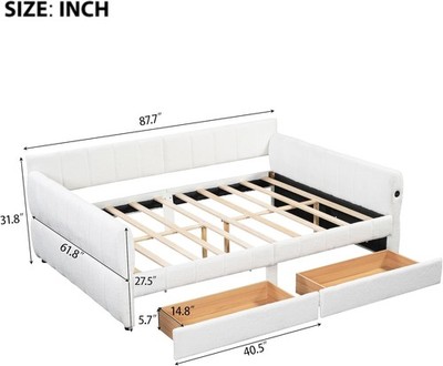 Queen Upholstered Bed Frame with USB Drawers White