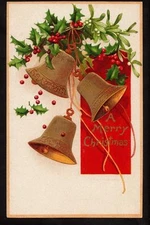 early signed clapsaddle gold emb.bells holly red banner christmas postcard