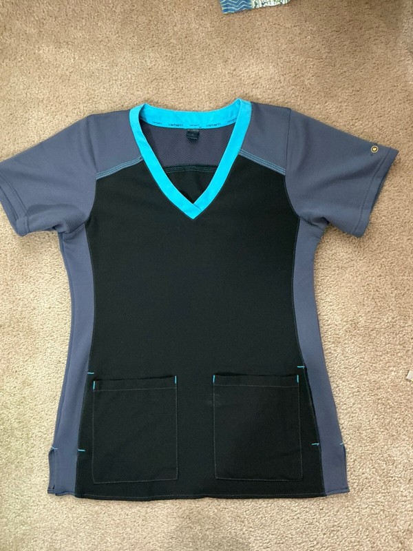 Carhartt Force Scrub Top V-Neck Black Gray Teal Pockets (S)