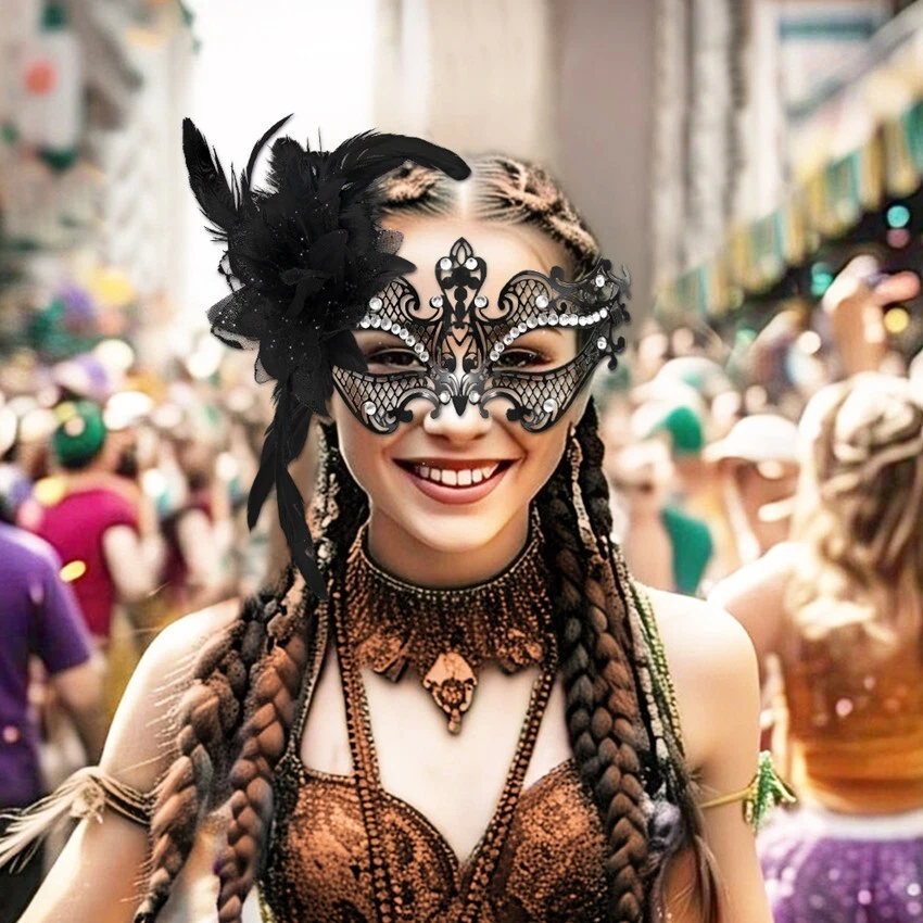 SN-G6-2Luxury Black Masquerade Venetian Style Metal Mask w/ Feathers Rhinestones - Image 4 of 4