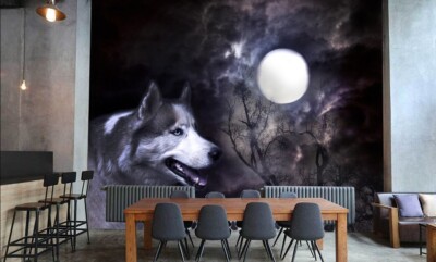 3D Moon Tree Wolf K772 Animal Wallpaper Mural Self-adhesive Removable Kay
