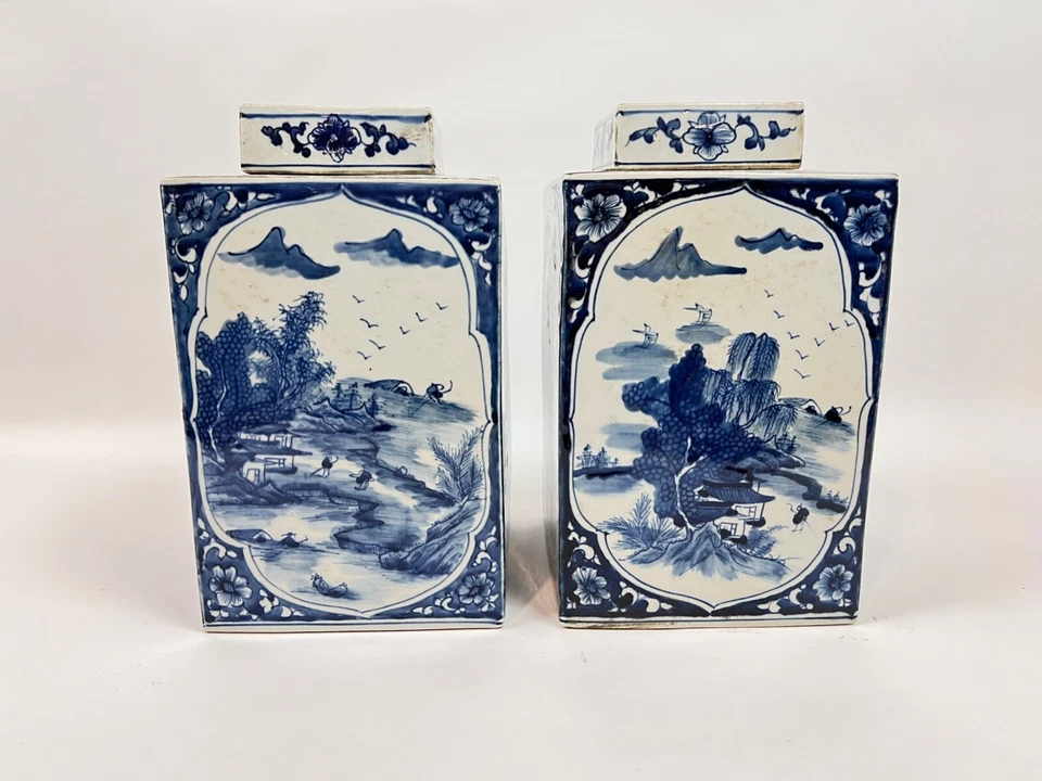 Carrito de té chino moderno de cerámica azul/blanco de 12,25" (par) - BUEN ESTADO Foto 2 de 4