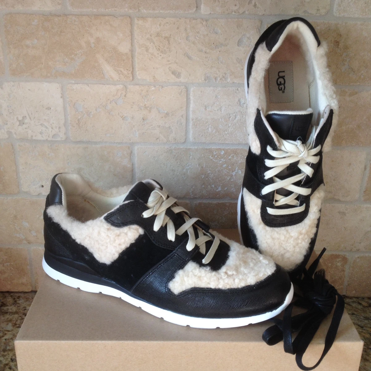 UGG DEAVEN BLACK LEATHER SHEARLING TRAINER SNEAKERS SHOES SIZE US 9.5 WOMENS