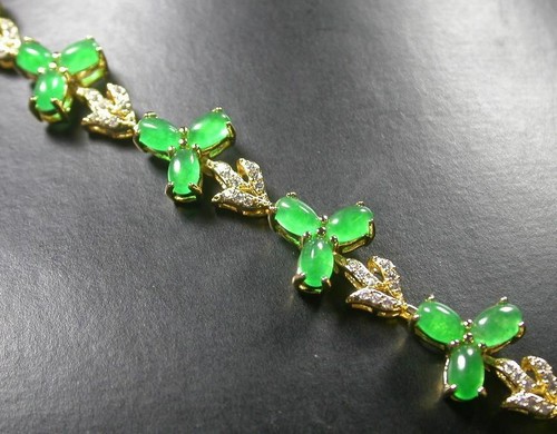 Genuine Green Jade Cabochon Oval Cubic Zirconia Flower 18KGP Bangle Bracelet - Picture 4 of 7