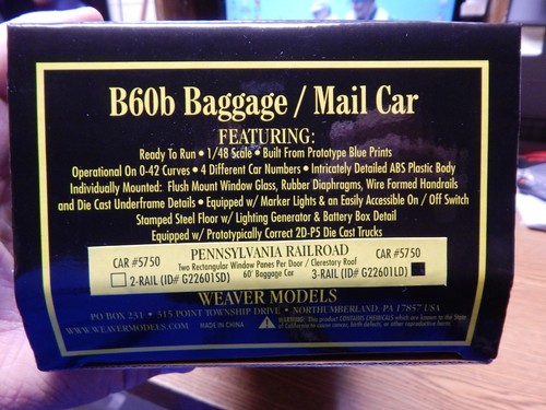 WEAVER G22601LD PRR PENNSYLVANIA B60B BAGGAGE/MAIL CAR NEW IN BOX O SCALE LQQK - Picture 3 of 3