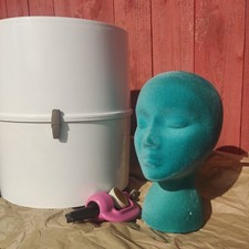 Vintage Wig Carrying Travel Case Box w/ Turquoise Flocked Styrofoam Head  Clamp