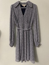 MICHAEL Michael Kors Heart Print Dress Long Sleeve Tie Waist Navy Blue Size 4