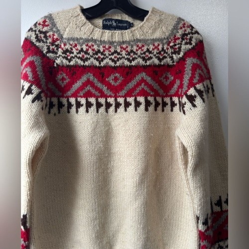 Vintage Ralph Lauren Men’s 100% Wool Hand Kint Cream and Red Sweater S - Picture 3 of 7