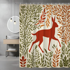 Deer and Leaf Print Shower Curtain, Autumn Nature Graphic