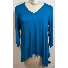 NWT Karen Kane Aqua Ruched Sleeve Shirt Tunic Size Small Shark Bite Hem