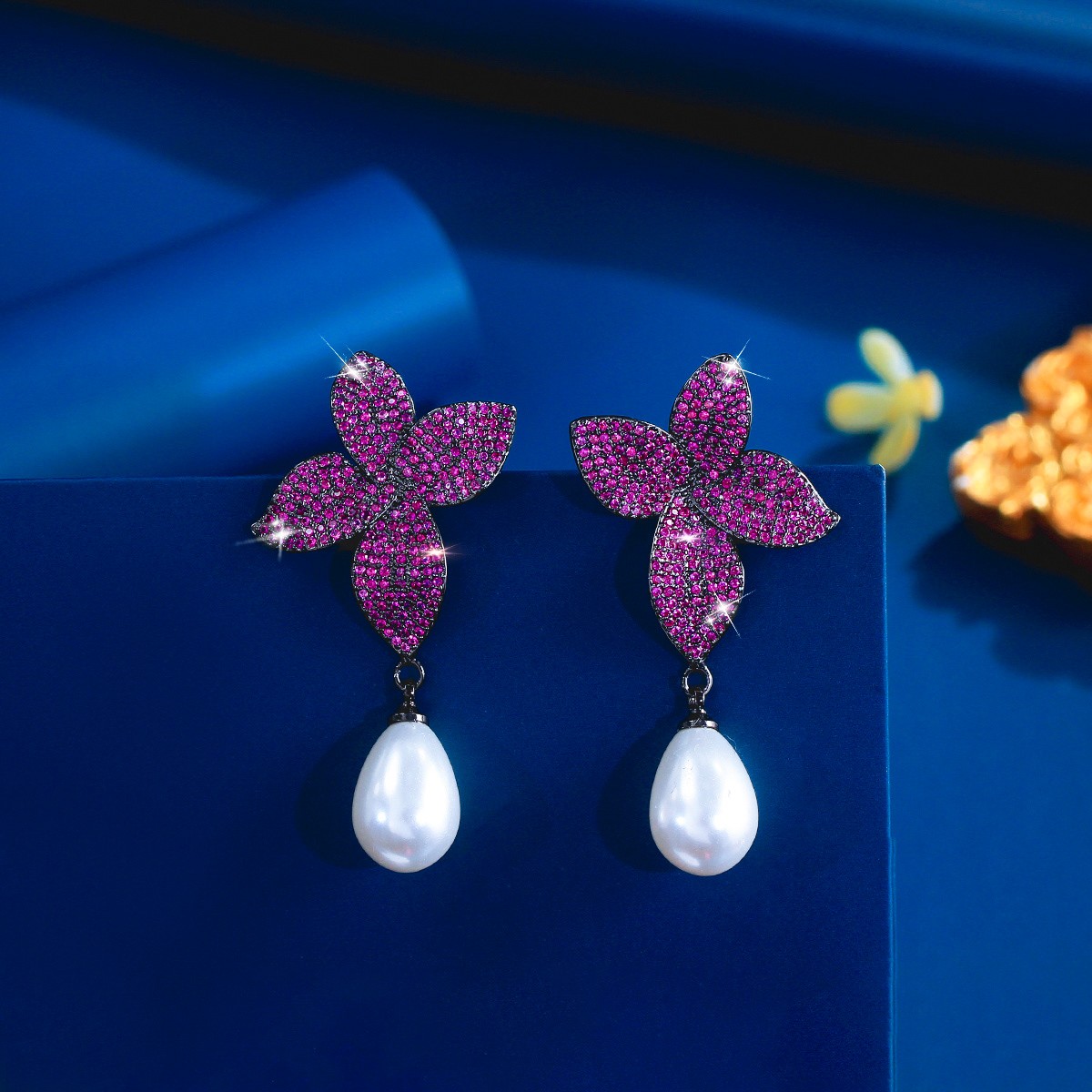 Women Black Gold Plated Hot Pink Flower Cubic Zirconia Long Drop Pearl Earrings