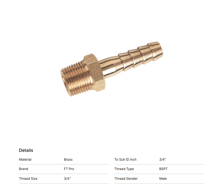 3/4"" BSP Male X 3/4 (19mm OD) Brass Hosetail Air compressor to Suit 19mm ID Pipe