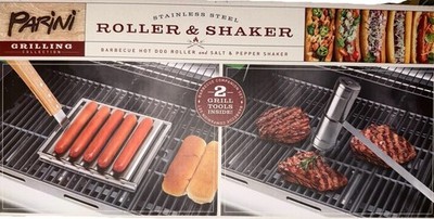 Parini Stainless Steel Hot Dog Roller & Salt Pepper Shaker BBQ Tool Set- UNUSED 