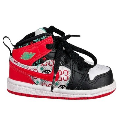 Nike Toddler Christmas Ugly Sweater Red Black Jordan 1 Mid SE Lace Up US 4C 