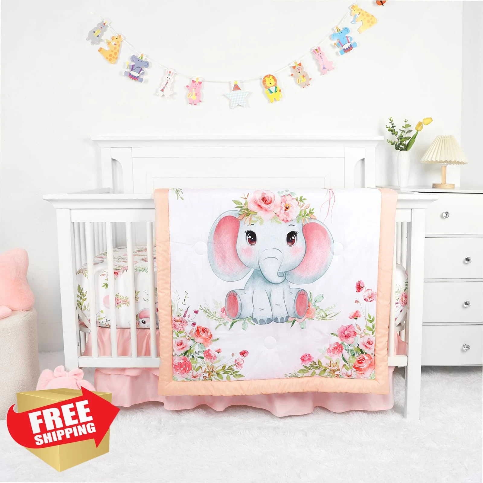 Man Fai Sky Baby Crib Bedding Set Girls Elephants Sheet Skirt