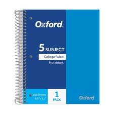 Oxford 5 Subject Spiral Notebook, Notebooks for School, Plastic Covers, Back to