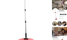  Multi-Function Hand Push Sweeper Broom Dustpan Trash Bin, 360° 1PCS Red