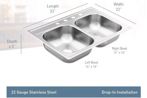 Moen GS222164 2200 Series 33-inch 22 Gauge Drop-in Double Bowl Stainless (READ) - Picture 10 of 13