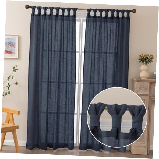 Semi Sheer Navy Blue Linen Curtains 52x84 Inches 2 Panels